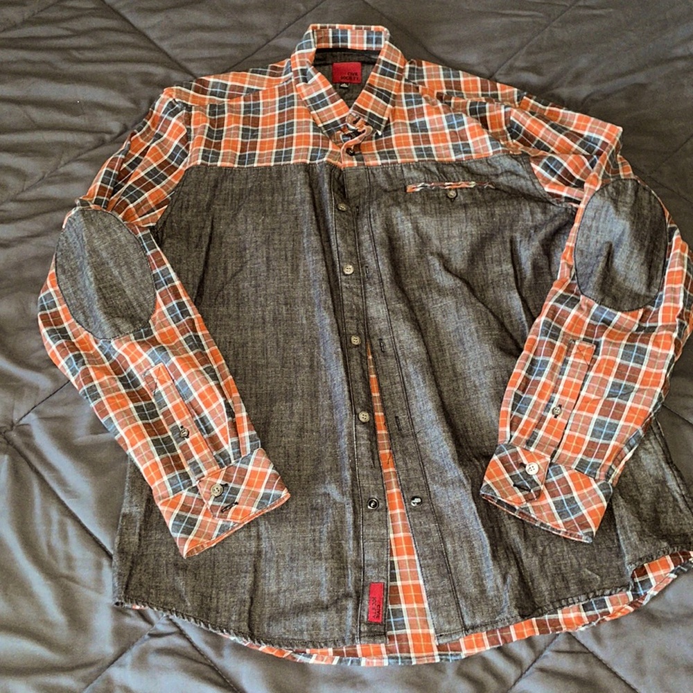Orange Plaid and Denim Button Down Shirt